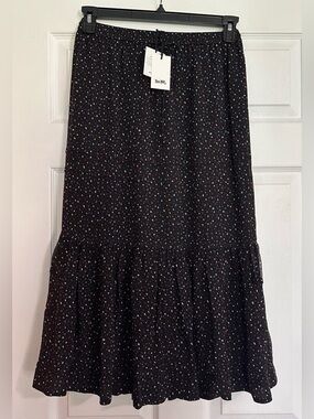 New With Tags Coach Tiered Snap Midi Skirt Black Confetti Dot Silk Blend Size 2